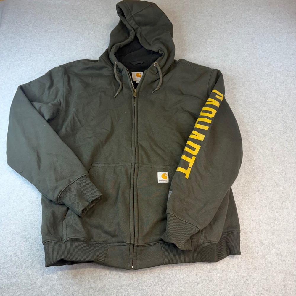 Carhartt Rain Defender Full Zip Hoodie Mens Medium Olive Green Sleeve Logo